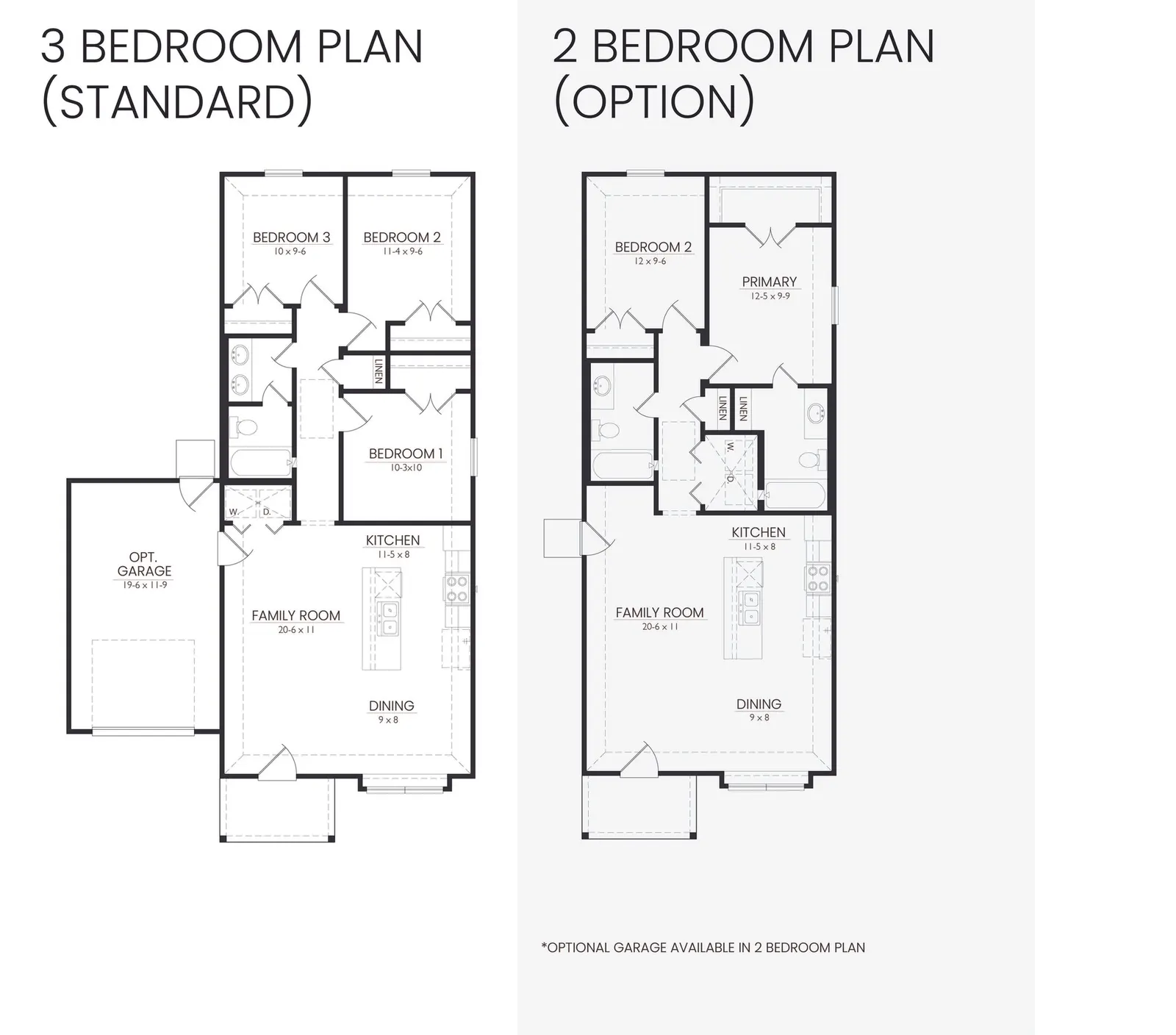 Floor plan drawing for the Cambria by Alta Homes, 3 bed (opt. 2), 1 bath (opt. 2), ~950 sqft