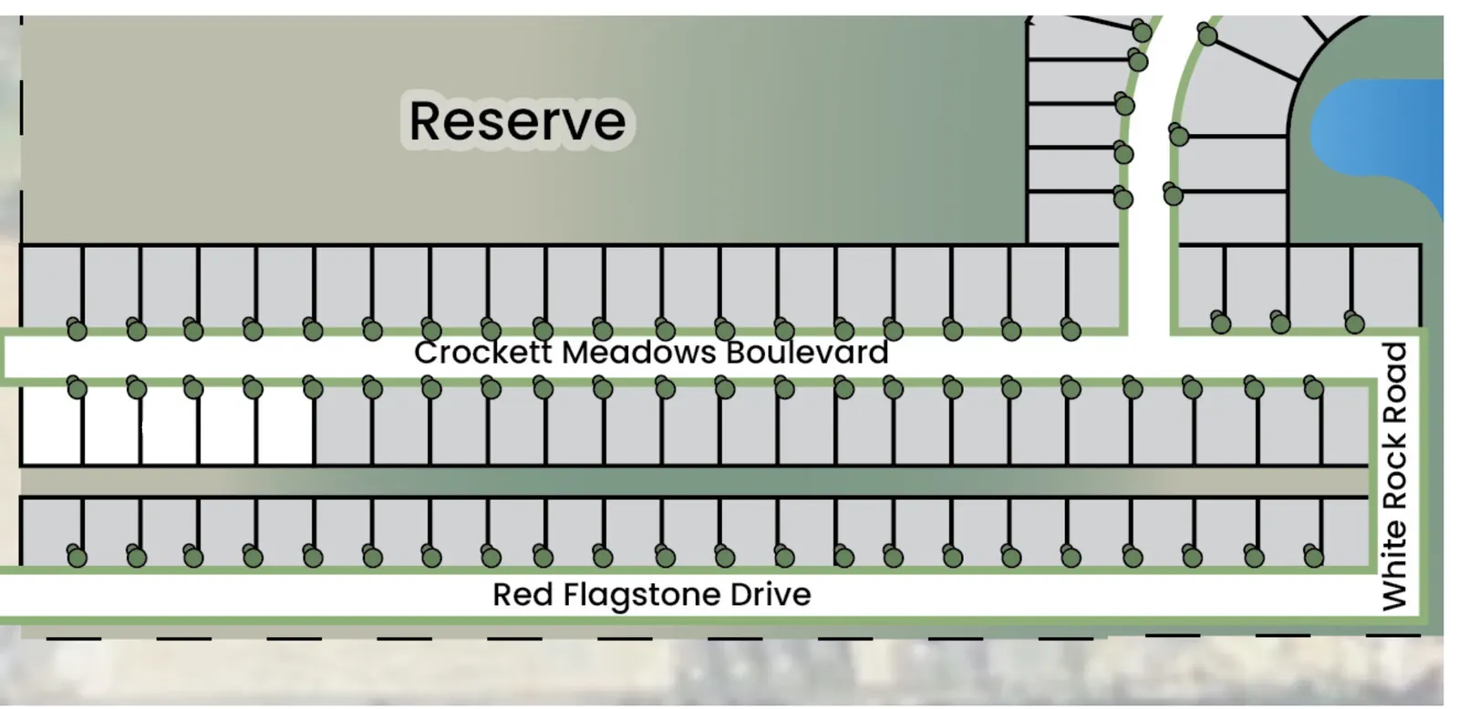 Site plan showing streets and homesites at Crockett Meadows, Section 1