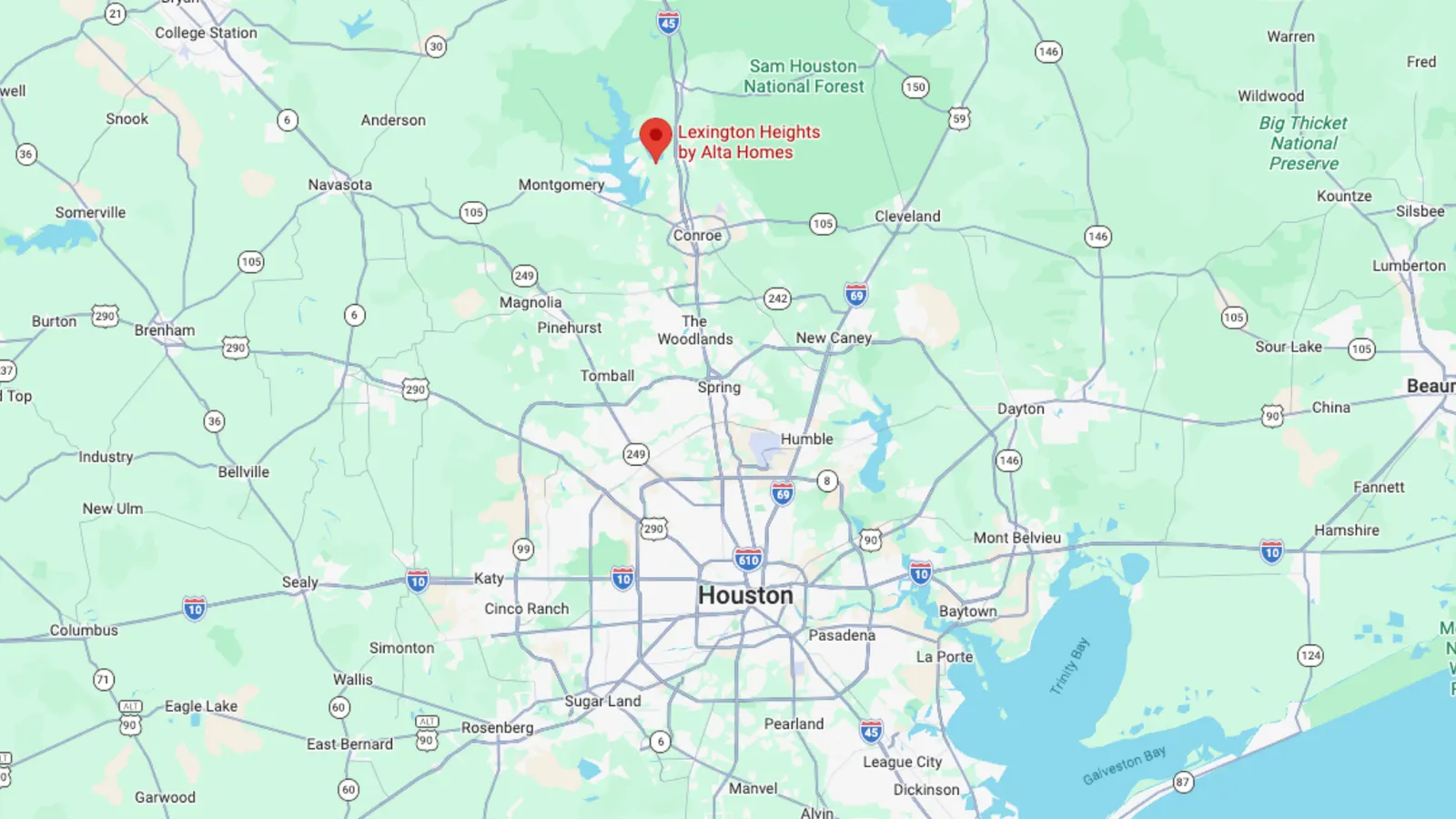 A regional map of the greater Houston area highlighting the location of Lexington Heights by Alta Homes in Willis, TX, showing its proximity to Houston, The Woodlands, Conroe, and Spring.