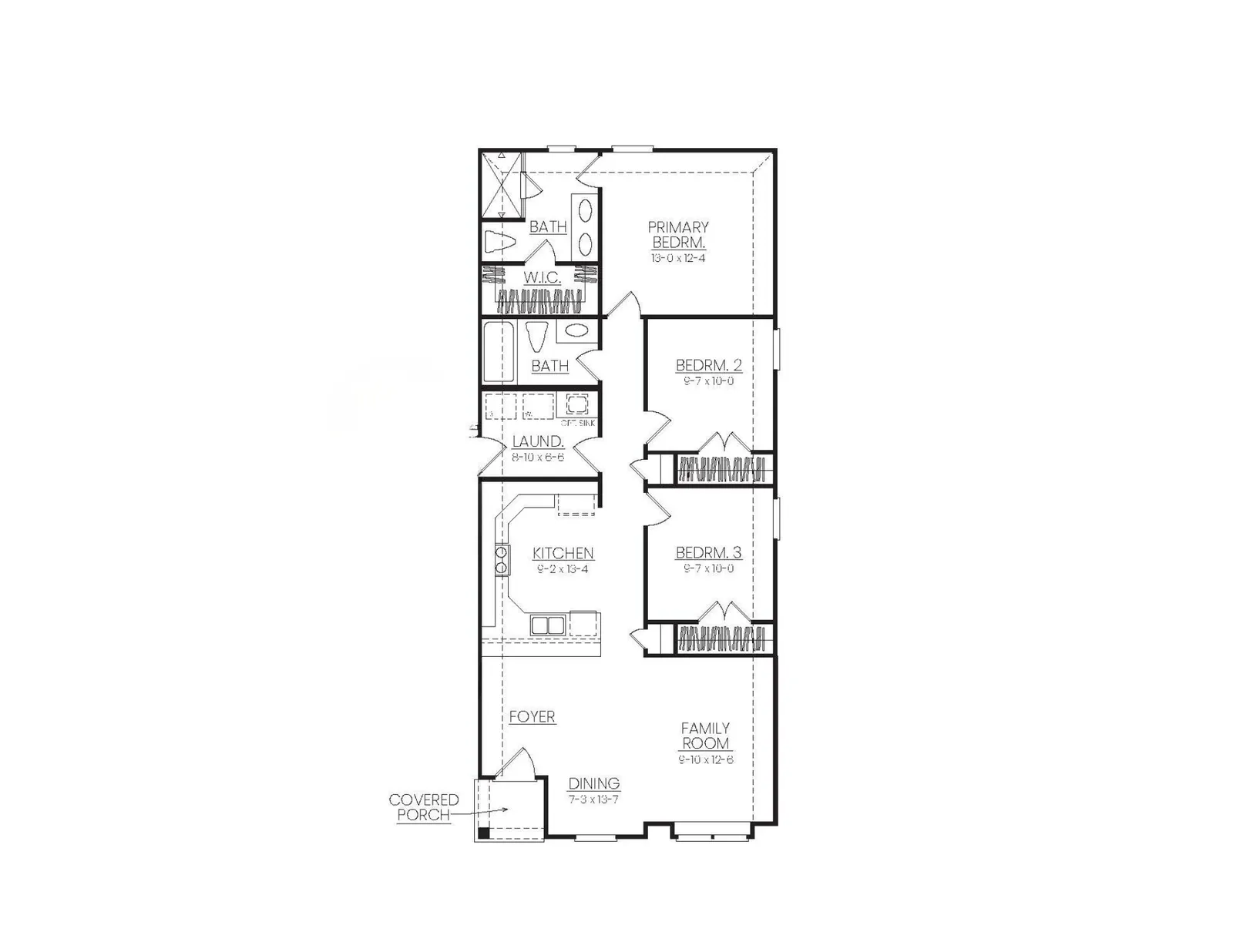 Floor plan drawing for the Sycamore at Lake Conroe Village by Alta Homes, 3 bed, 2 bath, ~1,170 sqft