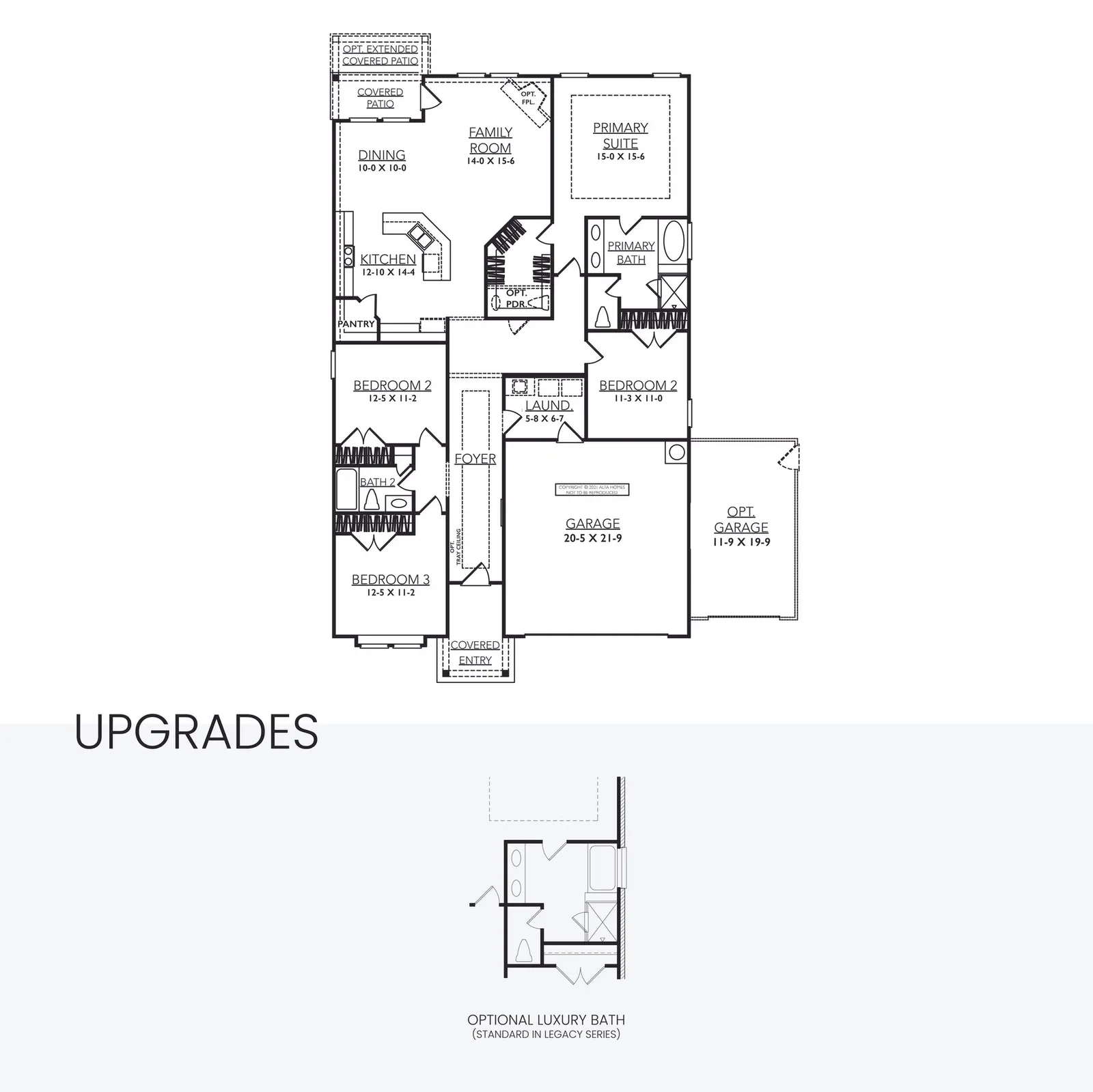 Floor plan drawing for the Pinehurst by Alta Homes, 4 bed, 2 bath (opt. 2.5), ~1,984 sqft