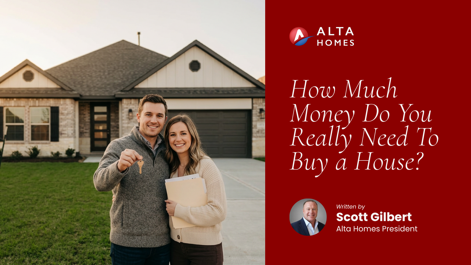 Happy young couple holding keys and paperwork in front of their new Alta Homes house in Montgomery County