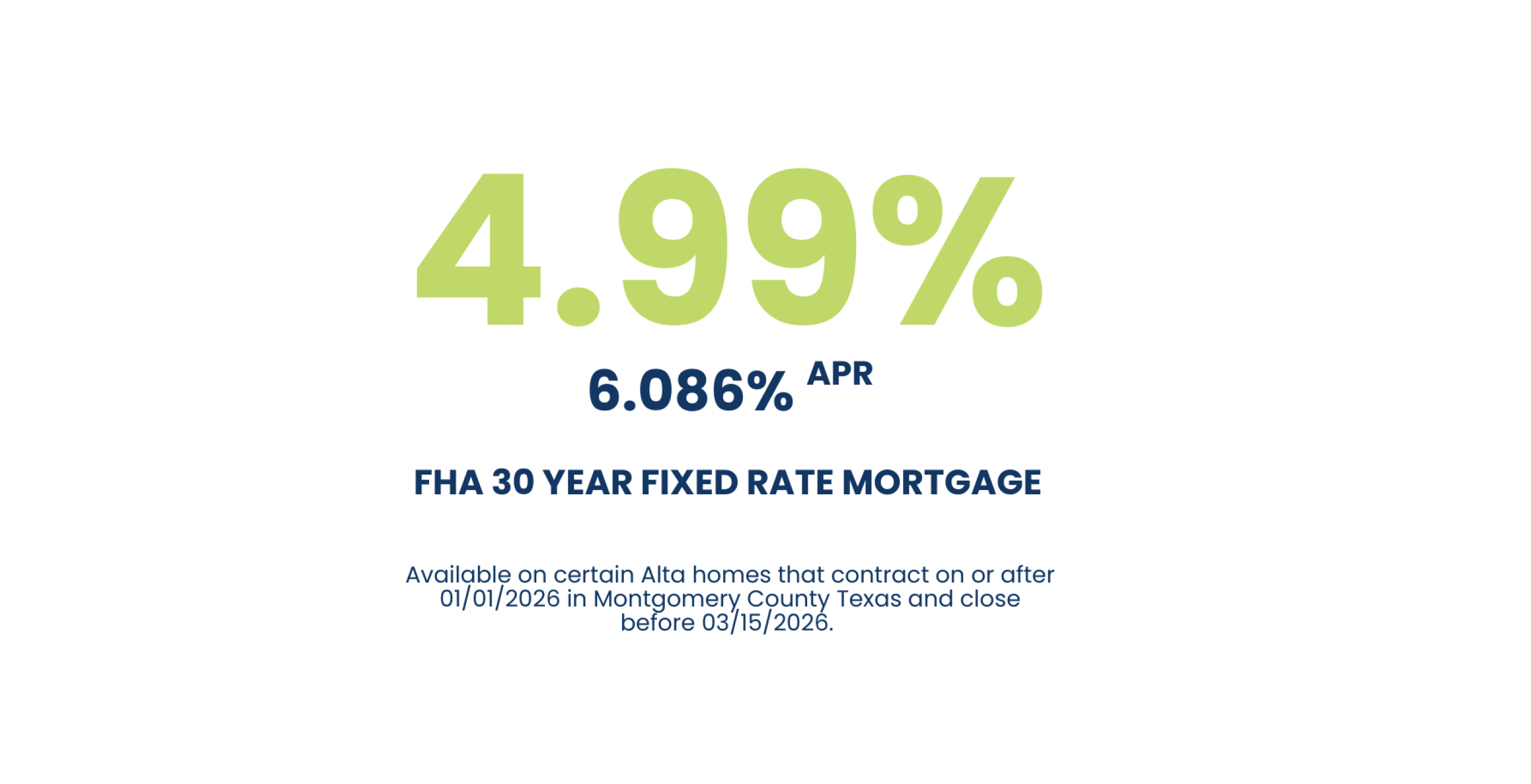 A promotional graphic displaying a 4.99% interest rate with 6.086% APR for an FHA 30-Year Fixed Rate Mortgage, available on select Alta Homes in Montgomery County, Texas.