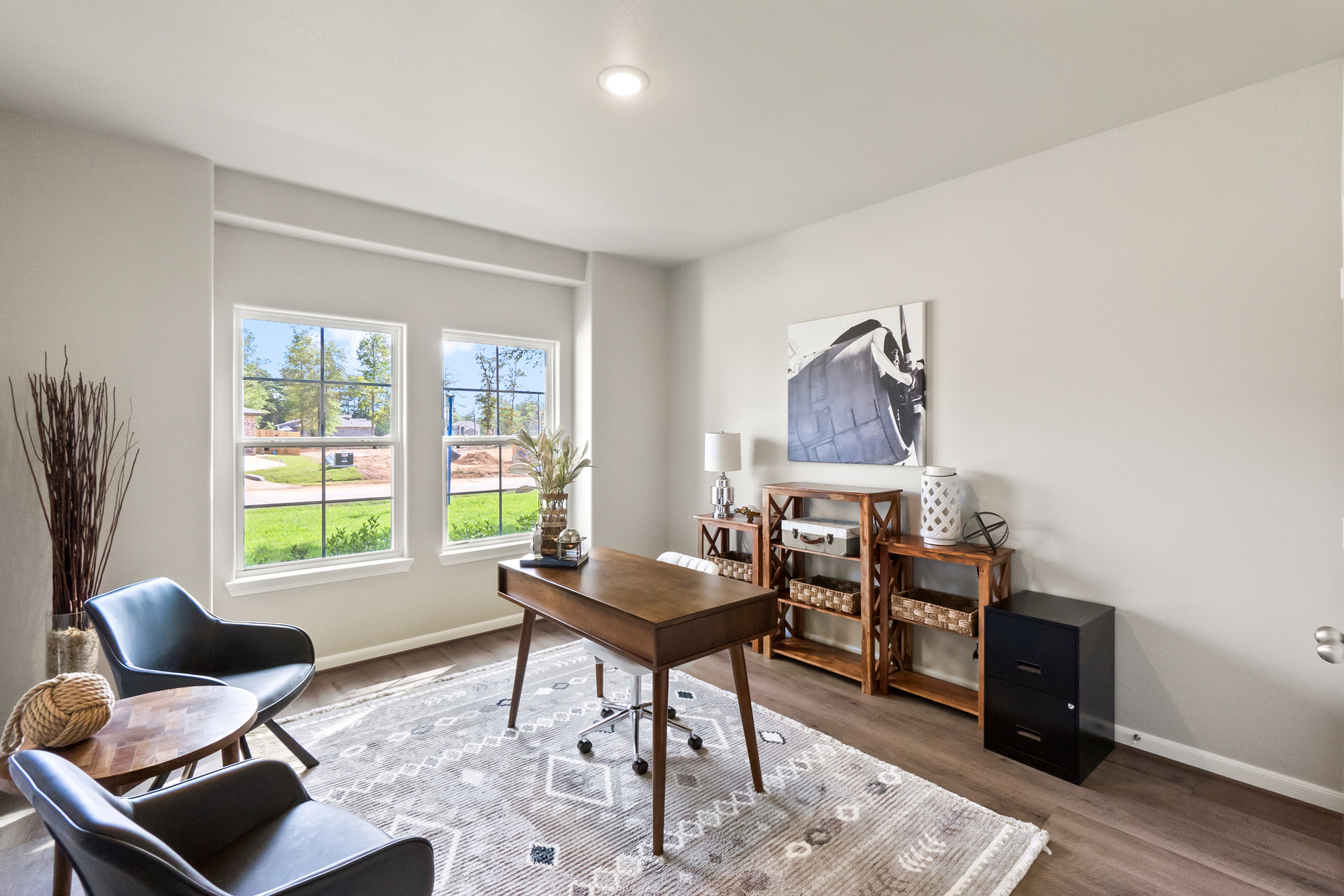A tranquil office designed for functionality and practicality